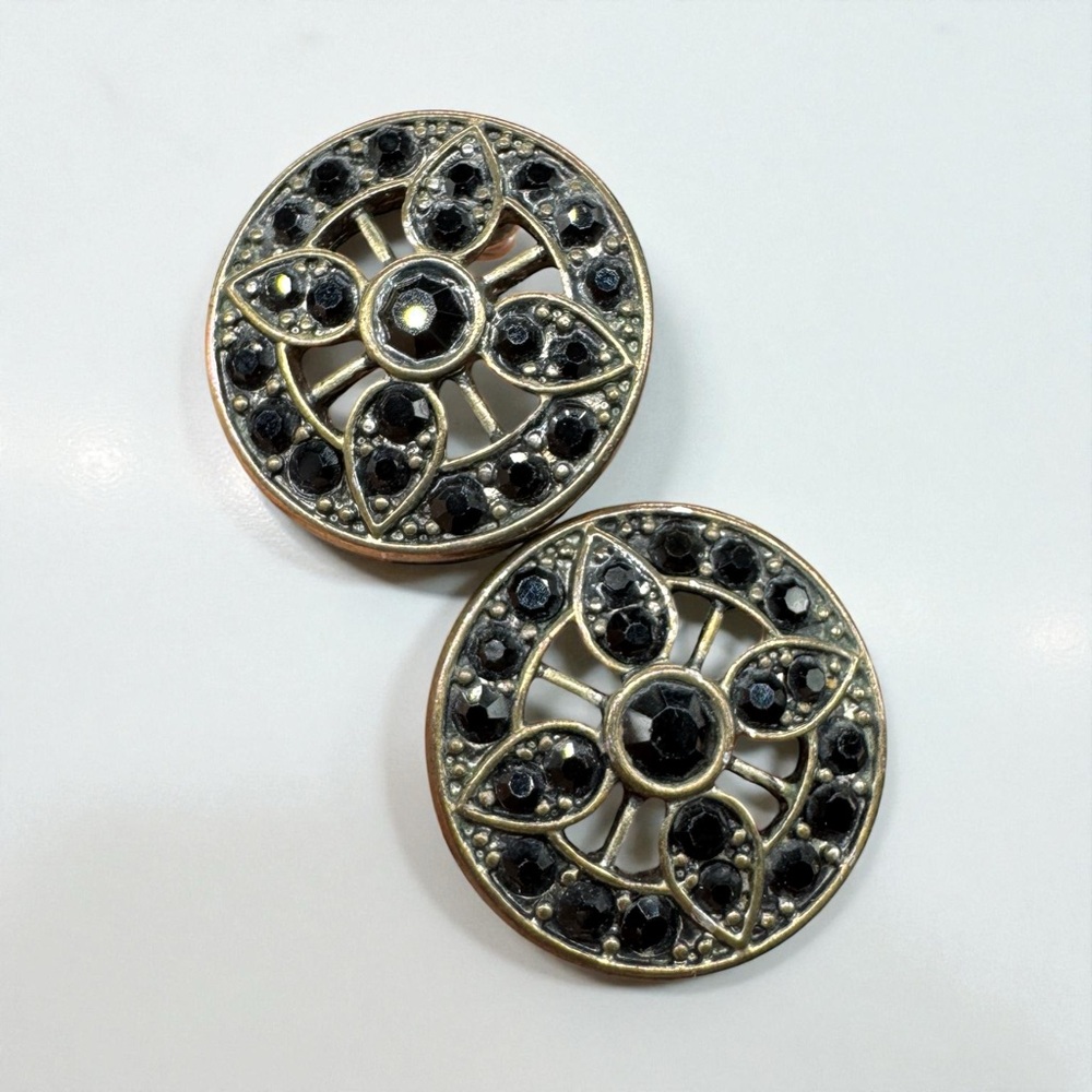 Vintage Pierced Earrings Silver Tone Round Black Faceted Stones